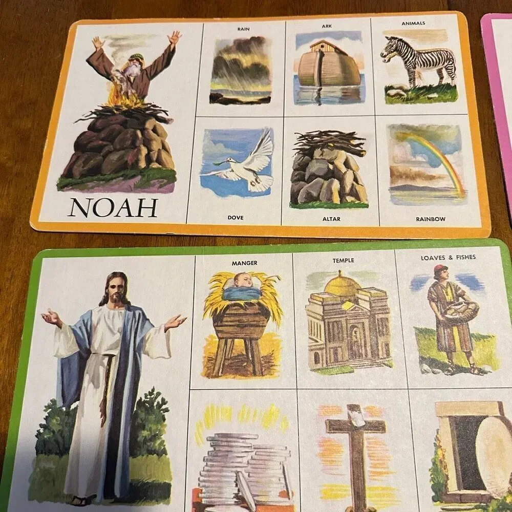 Vintage Biblical Bingo Cards 6 Pieces Cardboard Beautiful Colors Jesus 12”x7.5”